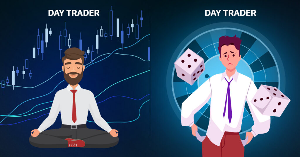An image comparing a day trader with an investor mindset and a day-trader with a casino player mindset.