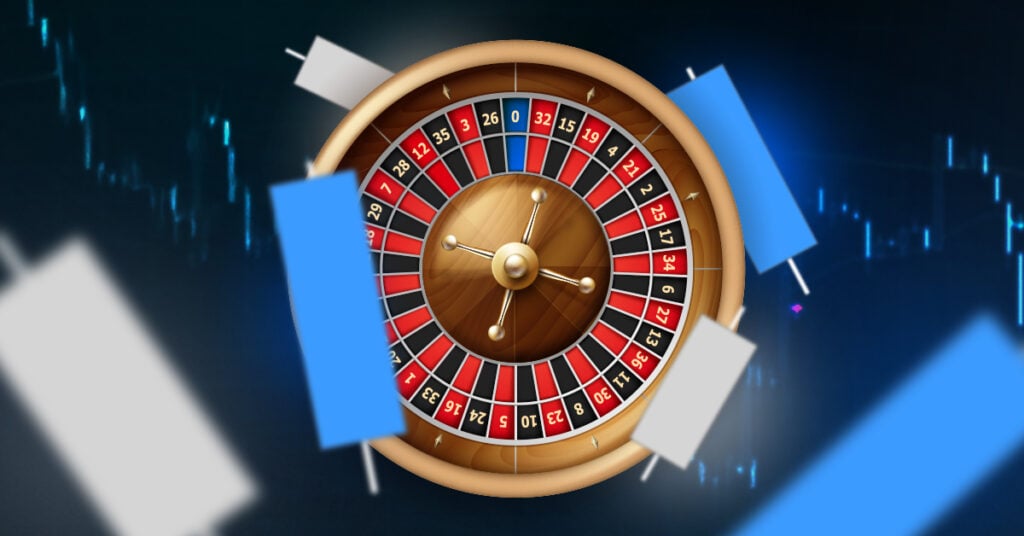 An image of a roulette wheel surrounded by candlesticks. 